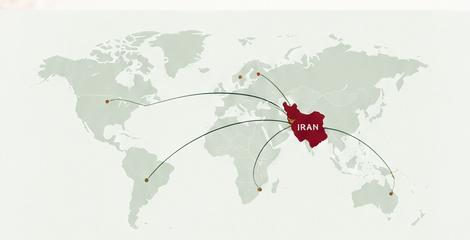 World map showing export routes from Iran to Europe, North America and Australia